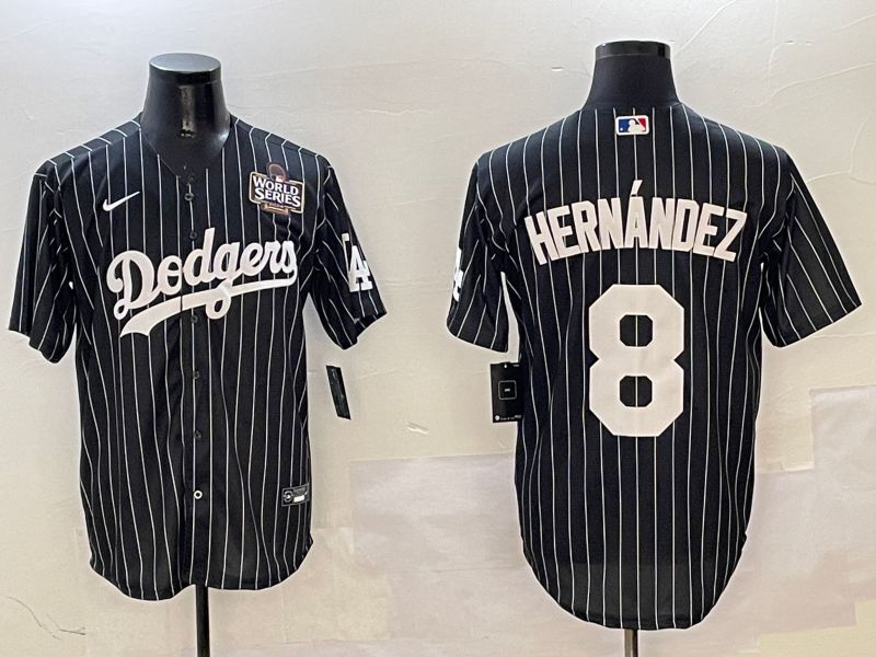 Men Los Angeles Dodgers 8 Hernandez Black Stripe Jointly Name 2025 Nike MLB Jersey style 4